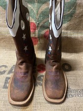 Old West Cowboy Boots Kids Size 3 D Brown Red/White/Blue Stars Square Toe