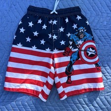 Marvel Captain America Boys Swim Trunks Shorts Size 7 USA Flag Beach