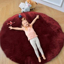 Burgundy Faux Fur Round Rug 4x4 ft, Fluffy Shag Sheepskin Circle Rug for Nurs...