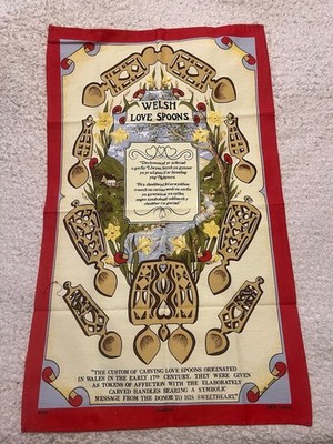 Vintage Welsh Love Spoons Souvenir Tea Towel Clive Mayor 100% Cotton UK Table Li