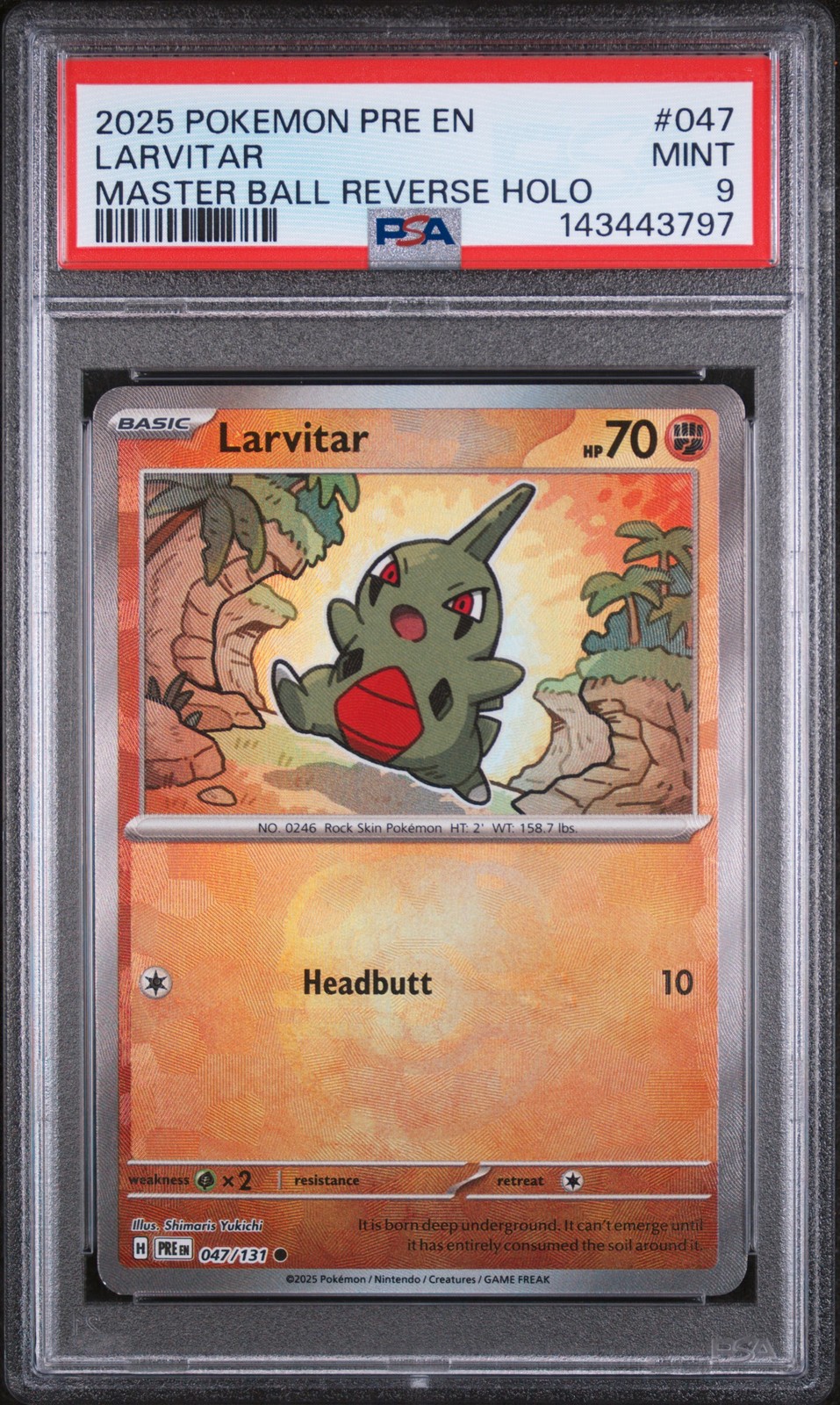 Larvitar 2025 Pokemon Pre En-Prismatic Evolutions #047/131 Master Ball PSA 9