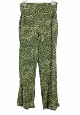 Three Dots Pants Women Large Green Circles Pull On Retro Flare Relaxed Bottoms