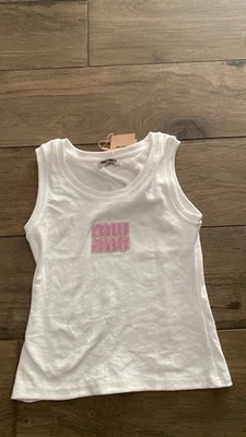 Miu Miu Débardeur femme S blanc col rond logo rose strass sans manches RFID - Photo 1/3