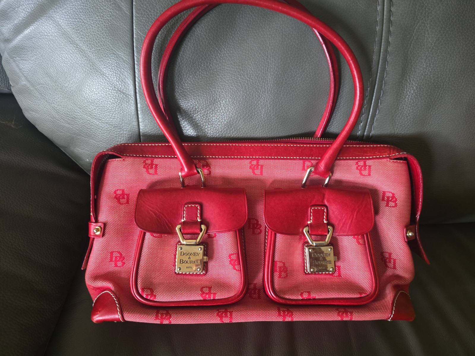 Vtg Dooney & Bourke Signature Red Canvas & Leather Front Pockets Satchel Bag
