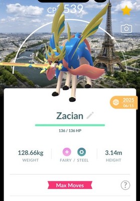 Pokemon Non Shiny Crowned Sword Zacian Paris Background Transformed TRA-DE Go 