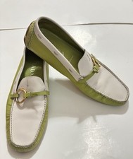 PRADA LOGO RING BUCKLE MOC DRIVER LOAFERS FLATS GREEN/WHITE 6.5 US 37.5 EU