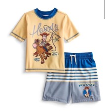 Disney Pixar Toy Story Woody Bullseye Rash Guard Swim Trunks Set Boys 3T NWT