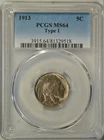 1913 Buffalo nickel, type 1, PCGS MS  64