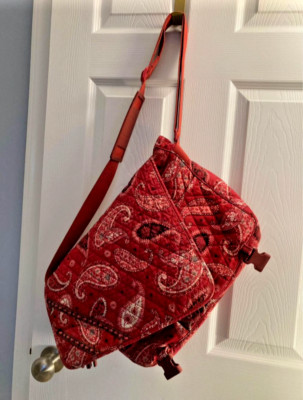 Vera Bradley Red Paisley Messenger Laptop Bag Quilted Cotton 16 x10  Worn Wear