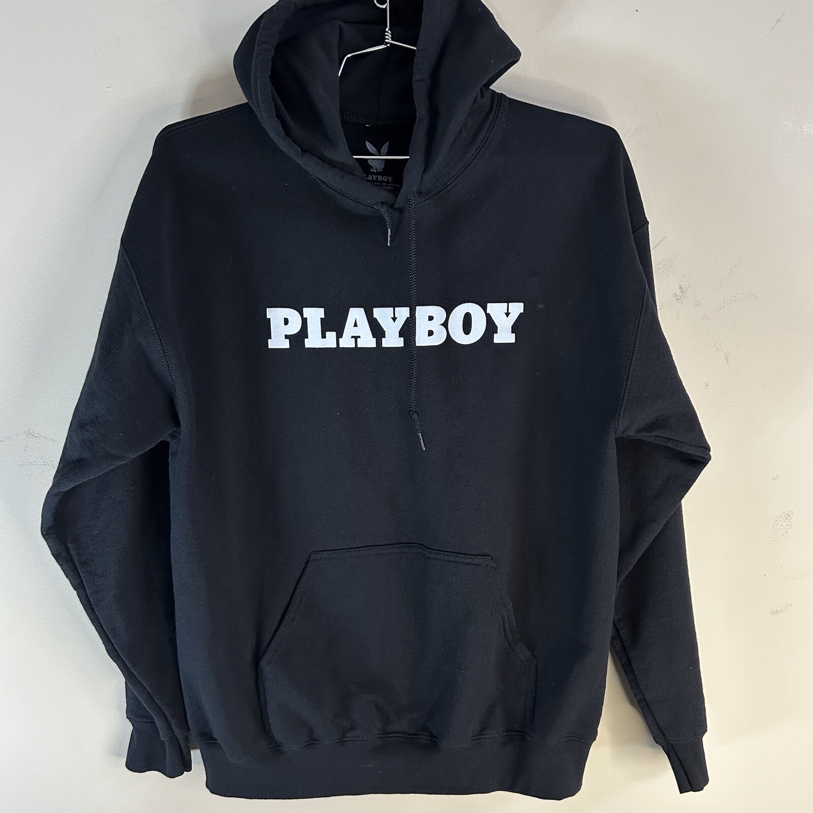 Playboy Large Logo Pullover Drawstring Front Pockets Hoodie Men's Large Black