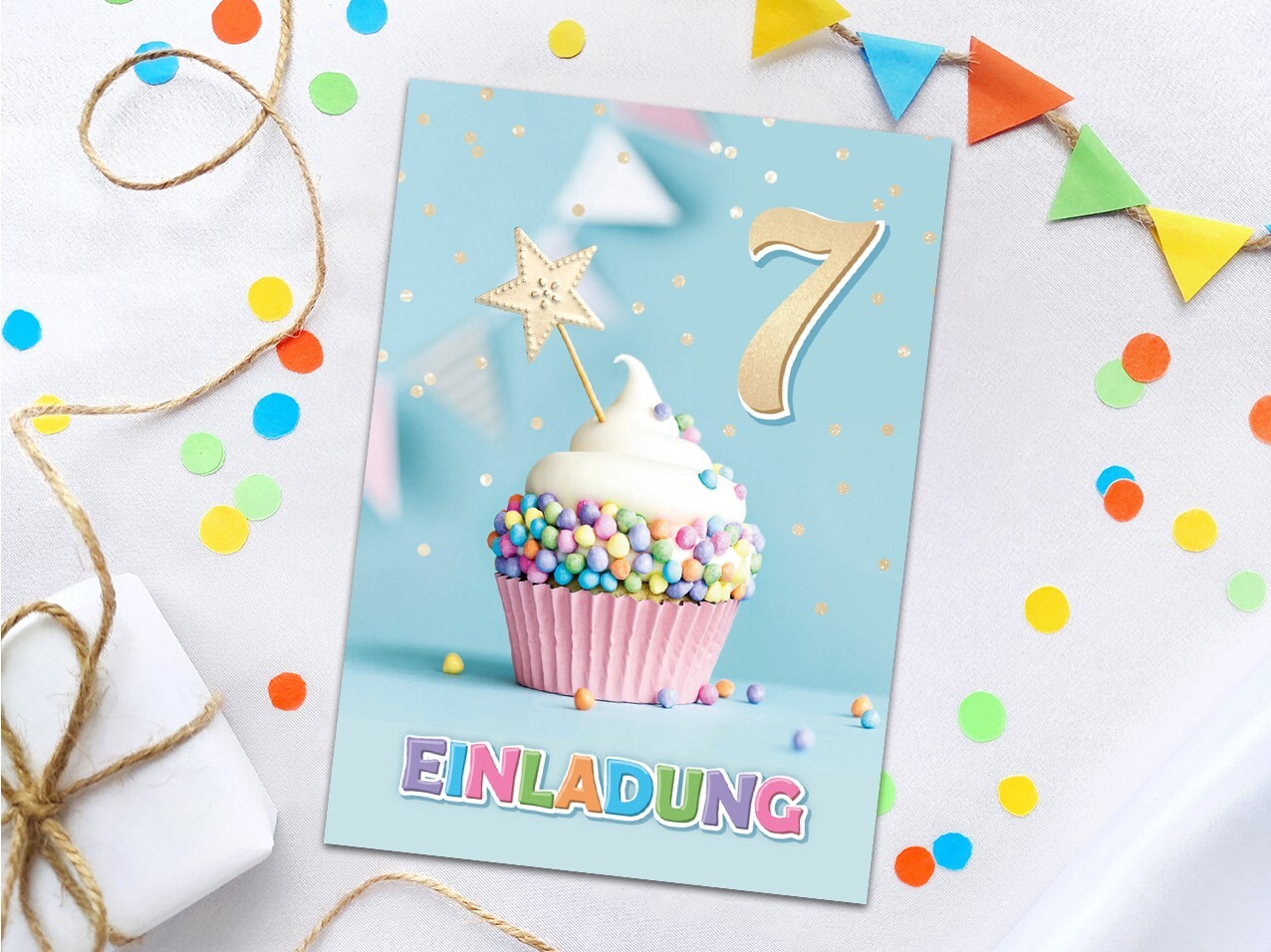 Einladungskarten zum 7. Kindergeburtstag Mädchen Jungs Muffin siebte Geburtstag