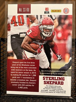 STERLING SHEPARD 2016 PANINI TEAM COLLECTION OKLAHOMA JERSEY ROOKIE PATCH  RELIC!