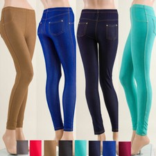 Women Solid Knit Hight Waist Denim Leggings Jeggings Elastic Waist Thin Pants