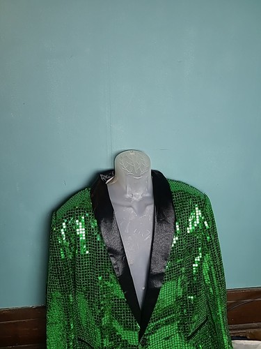 Smaragd Pailletten Blazer Anzug Jacke Mantel Clubwear glänzend grün Herren Gr. Large L