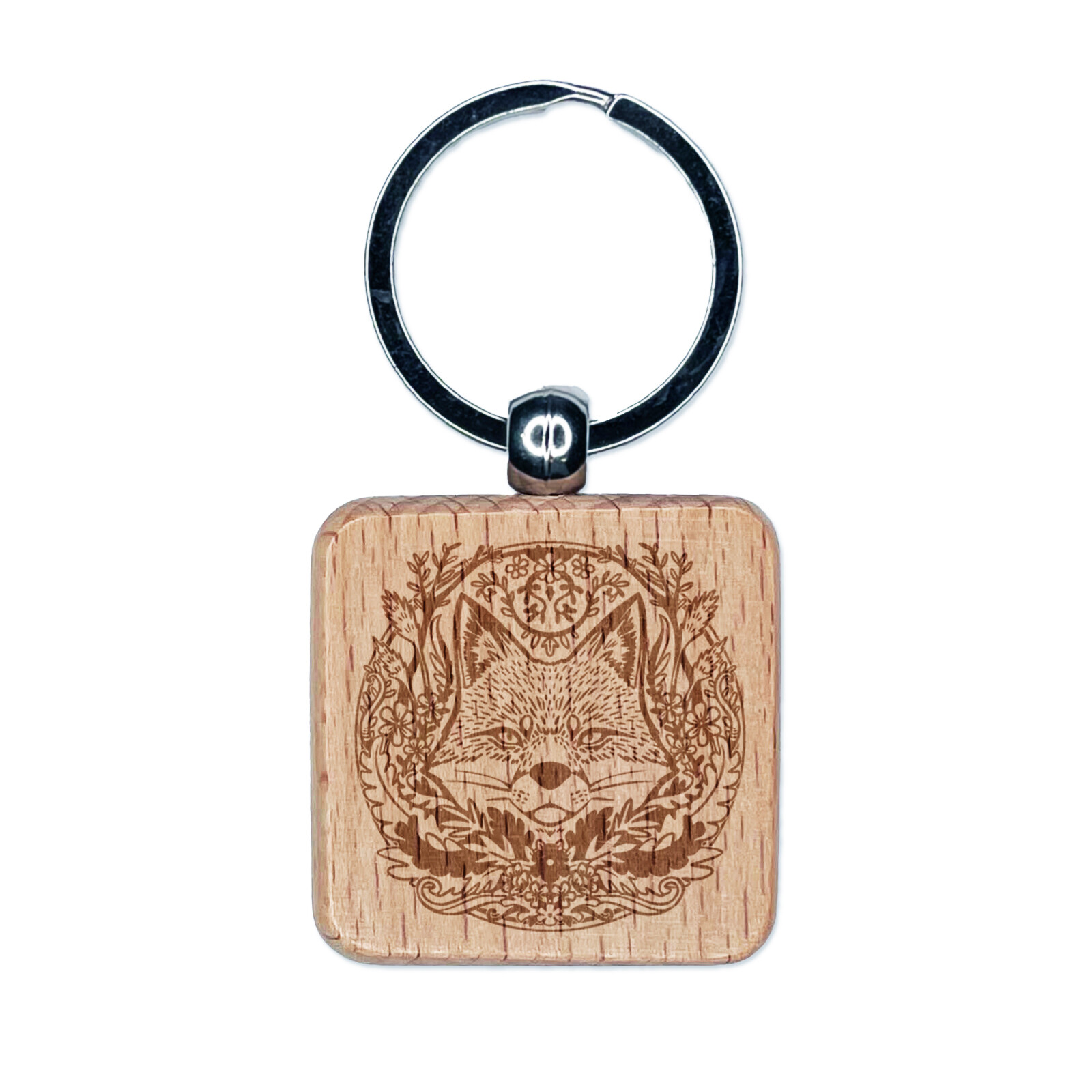 Sly Fox Hiding in Floral Wreath Engraved Wood Square Keychain Tag Charm