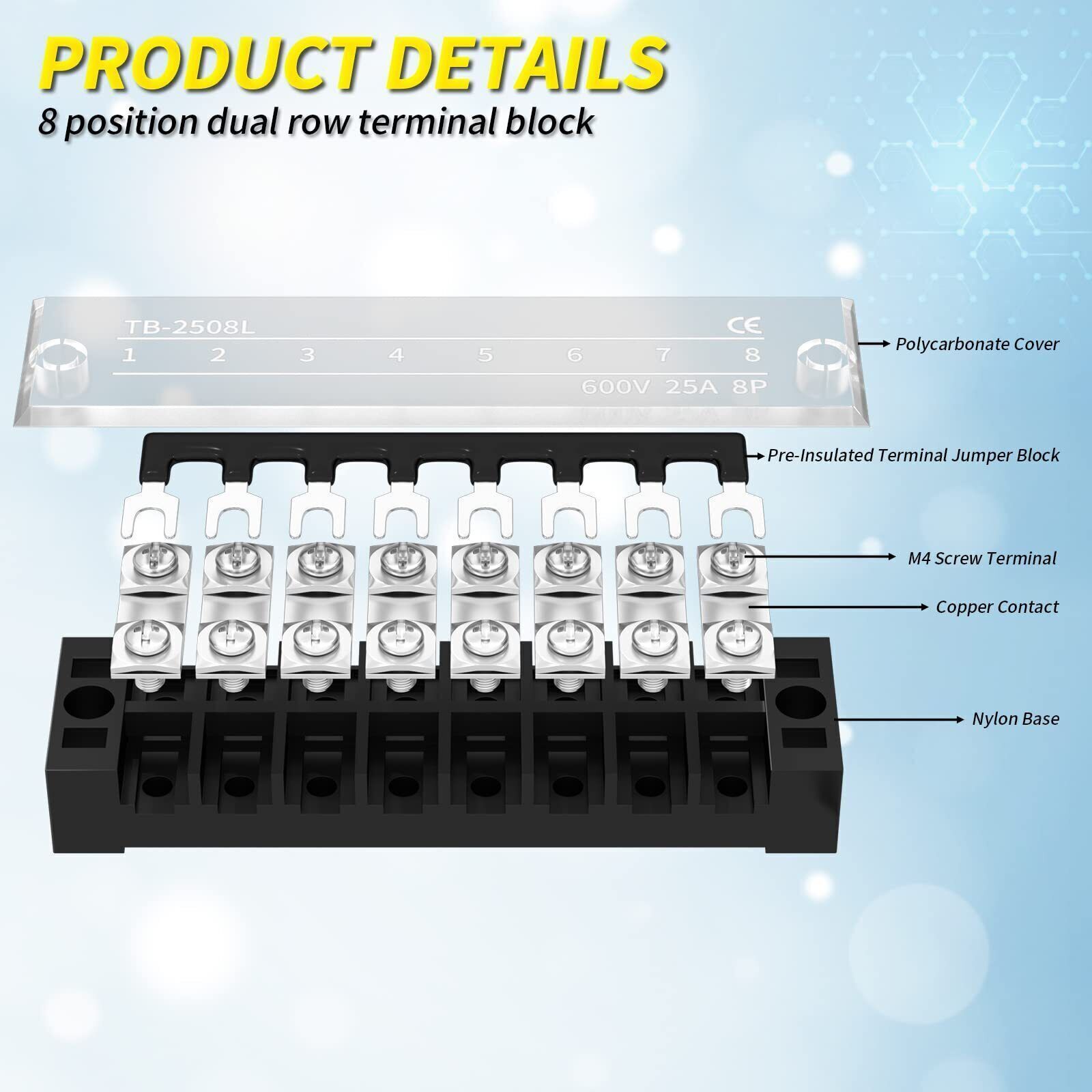 25A 600V 8 Position Terminal Block Dual Row Screw Terminal Strip Dual Row wit
