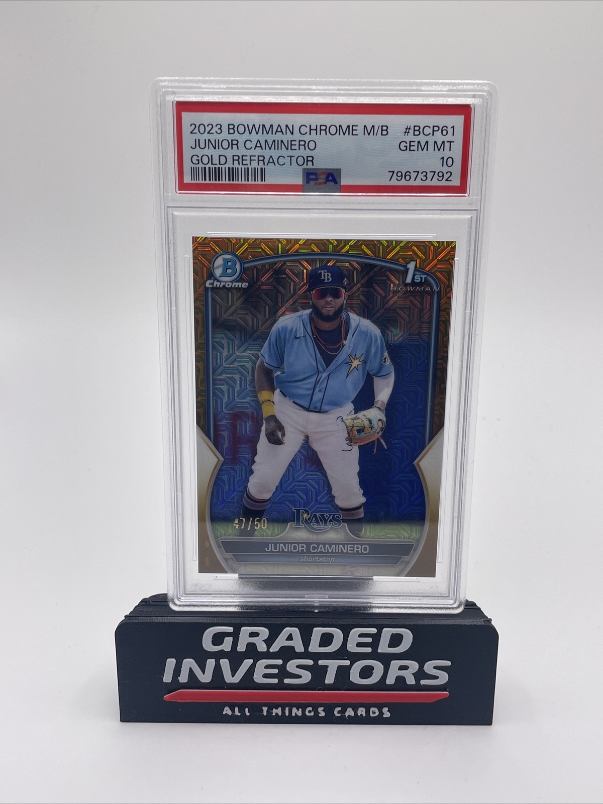 2023 Bowman Chrome 1st Mega Box Mojo Gold Refractor /50 Junior Caminero PSA 10