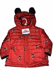 Disney Junior Mickey Mouse Puffer Jacket Coat Red W/Ears Size 18Mo New With Tags