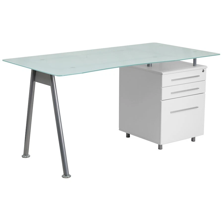 Flash White Computer Desk Glass Top and Three Drawer Pedestal NAN WK 021 GG