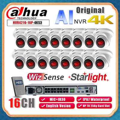 Dahua 4K 8MP 16CH AI NVR IP Camera Security System WizSense Starlight 16POE Lot