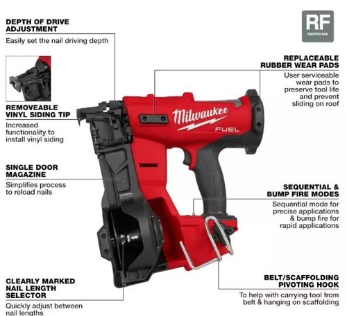 Milwaukee 2909-20 M18 FUEL 18V Cordless Li-Ion Coil Roofing Nailer - Bare Tool - Picture 3 of 10