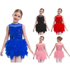 Girls Sleeveless Feather Tulle Skirted Leotard Modern Jazz Latin Dance Costume