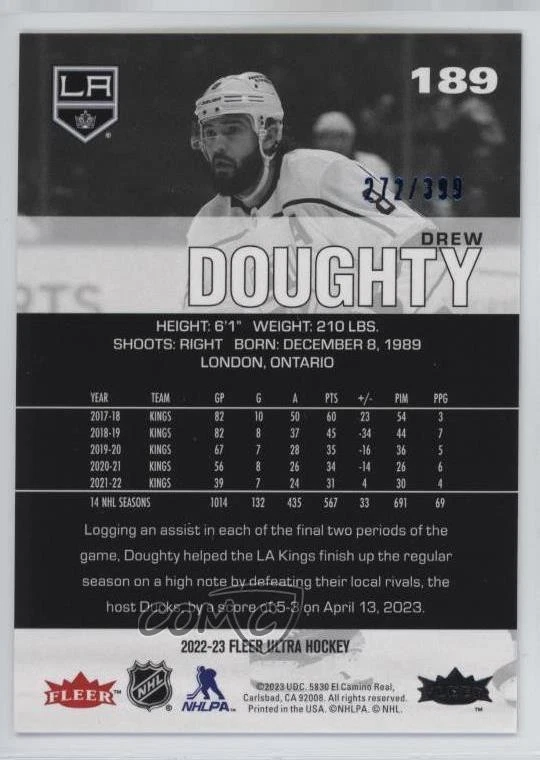 2022-23 Upper Deck Fleer Ultra Blue Foil /399 Drew Doughty #189 - Image 2 of 2