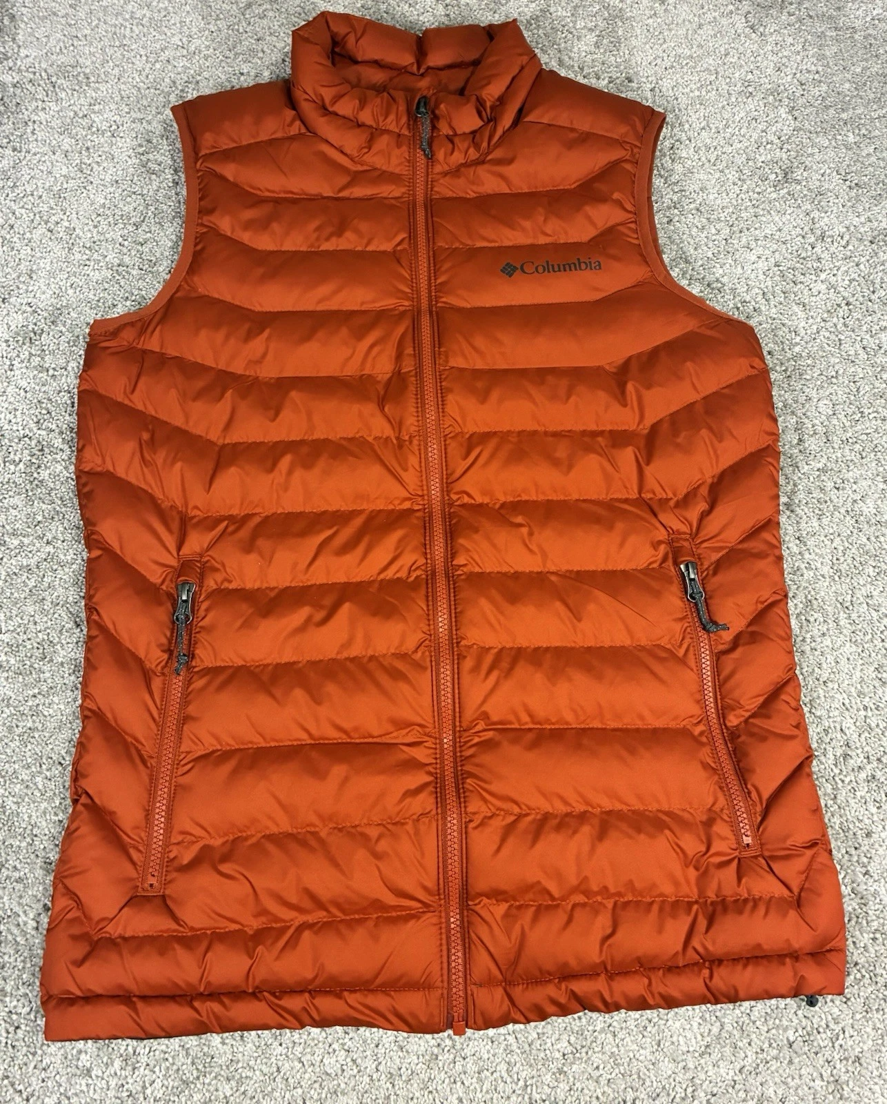 Columbia White Out Puffer Vest Men’s Small Orange Full Zip Pockets OMNI-HEAT