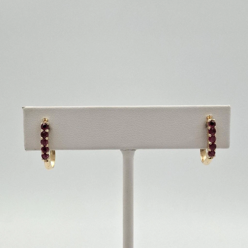 14K Yellow Gold Round Ruby Row Half Hoop Claw Hook Huggie Illusion Earrings - Image 2 of 4