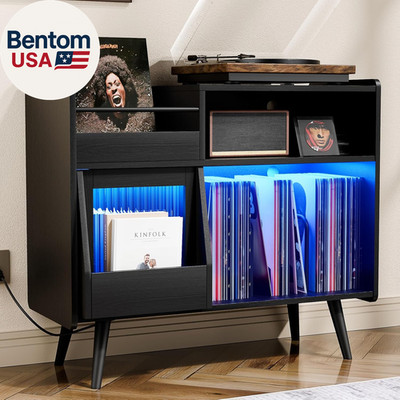 Large Record Player Stand with Sliding Door,350 Vinyl Record Storage Cabinet, Re