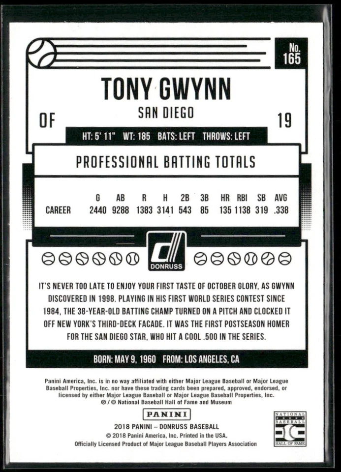 2018 Donruss Tony Gwynn Season Stat Line /394 #165a San Diego Padres - Image 2 of 2