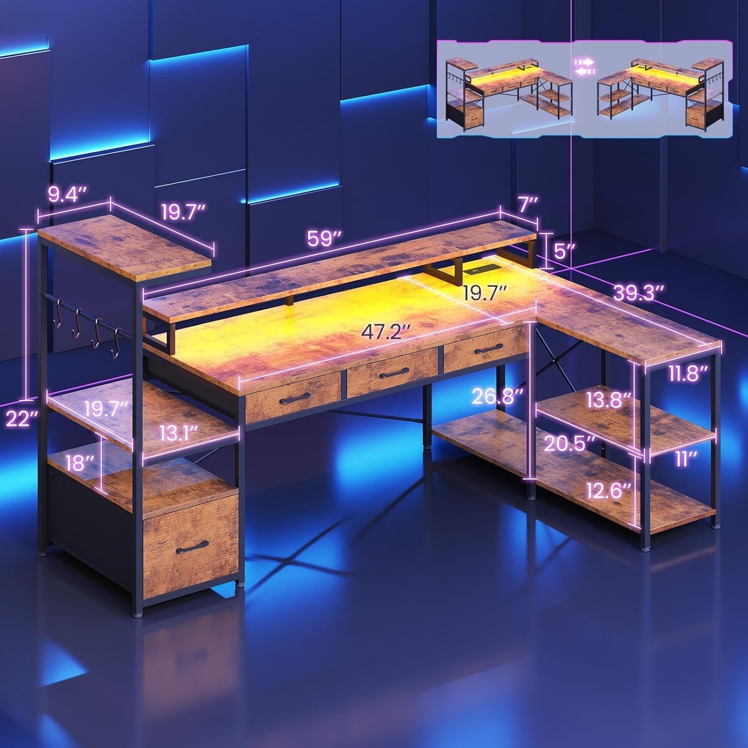 59" L Shaped Gaming Desk with 4 Drawers and LED Lights, Reversible Computer Desk