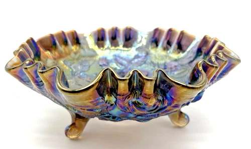 Vintage Carnival Glass Ruffled Footed Bowl Rose Pattern Iridescent