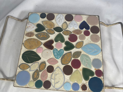 1960s MCM Ceramic Tile Trivet Gold Metal Wire Hearts Leaves MCM Boho Hot Plate