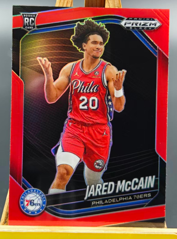 Jared McCain 2024-25 Panini Prizm Black /299 Red RC 76ers #80