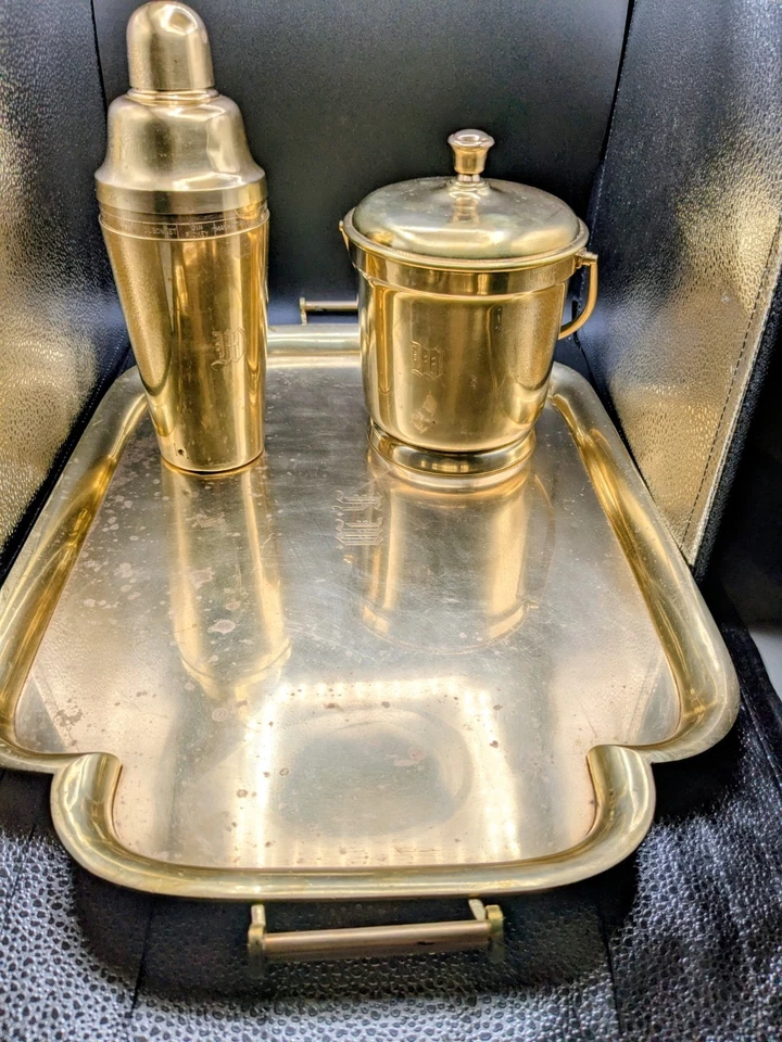 Juego de barra Art Deco de la década de 1930 bandeja para servir de latón macizo/cubo de hielo/coctelera dial-a-drink con Foto 4 de 4