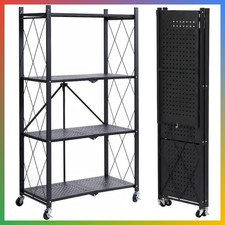 4 Tier Foldable Metal Shelf Rack Rolling Organizer Heavy Duty Black