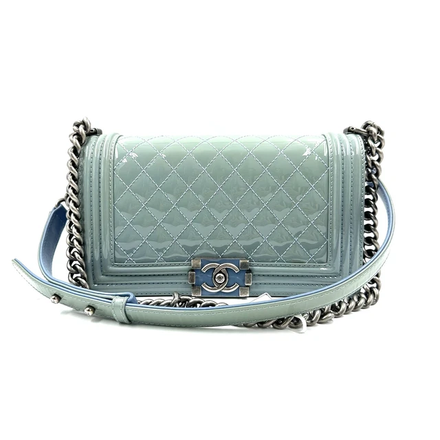 Pre-Owned Chanel Patent Calfskin Small Plexiglass Boy Flap Blue Authentic