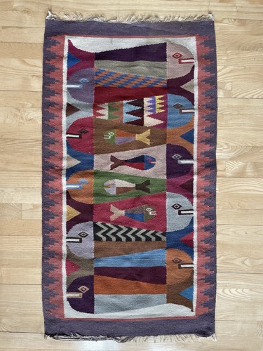 Vintage Ecuador Fish Tapestry/Artisan Piece Rug Wool Wall Hanging 44"x24"