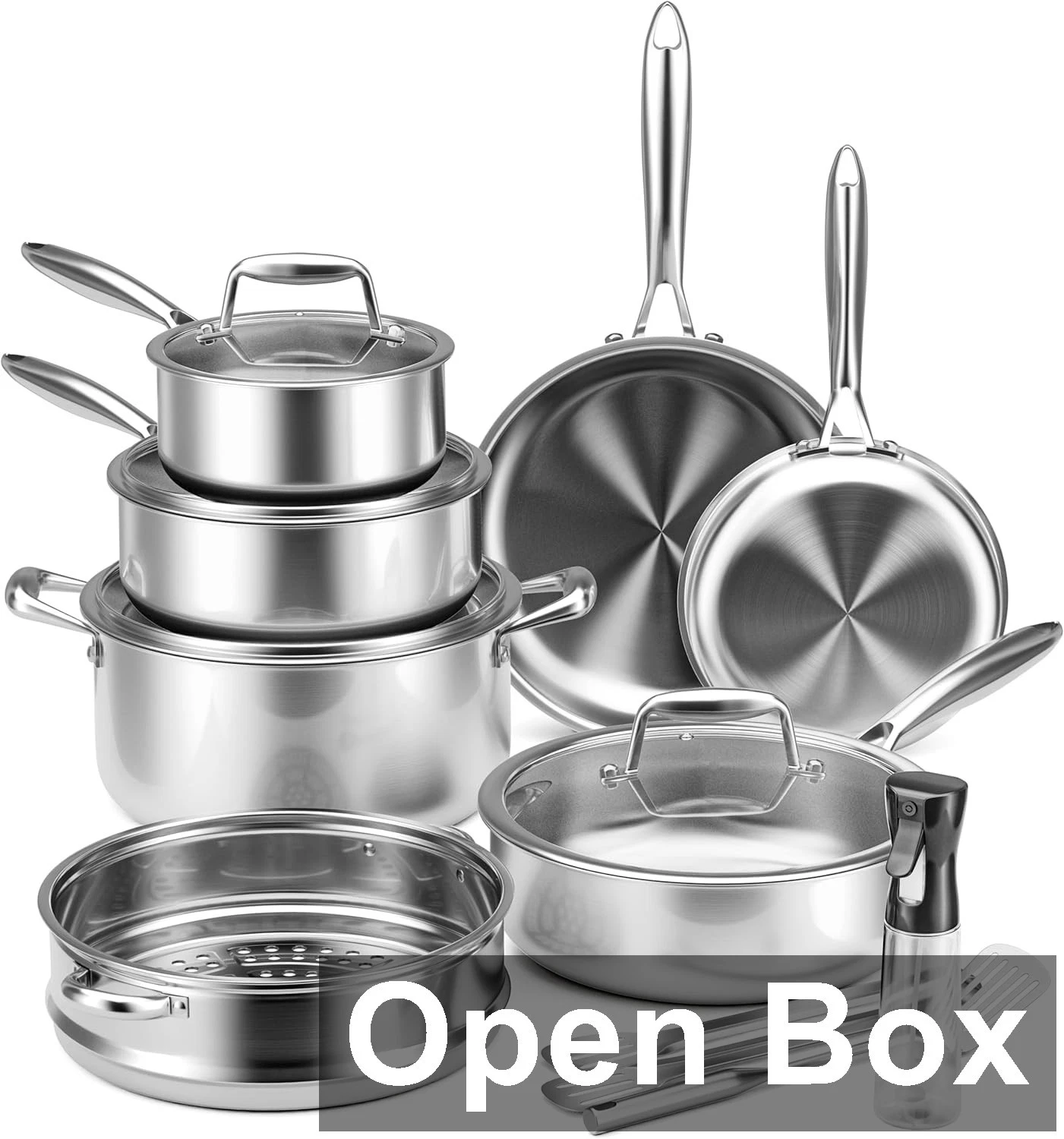 VONIKI Tri-ply Stainless Pots And Pans Set with Steamer Basket Non Toxic