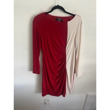 Vintage Colorblock Ruched Sheath Dress Red Cream Long Sleeve Size S