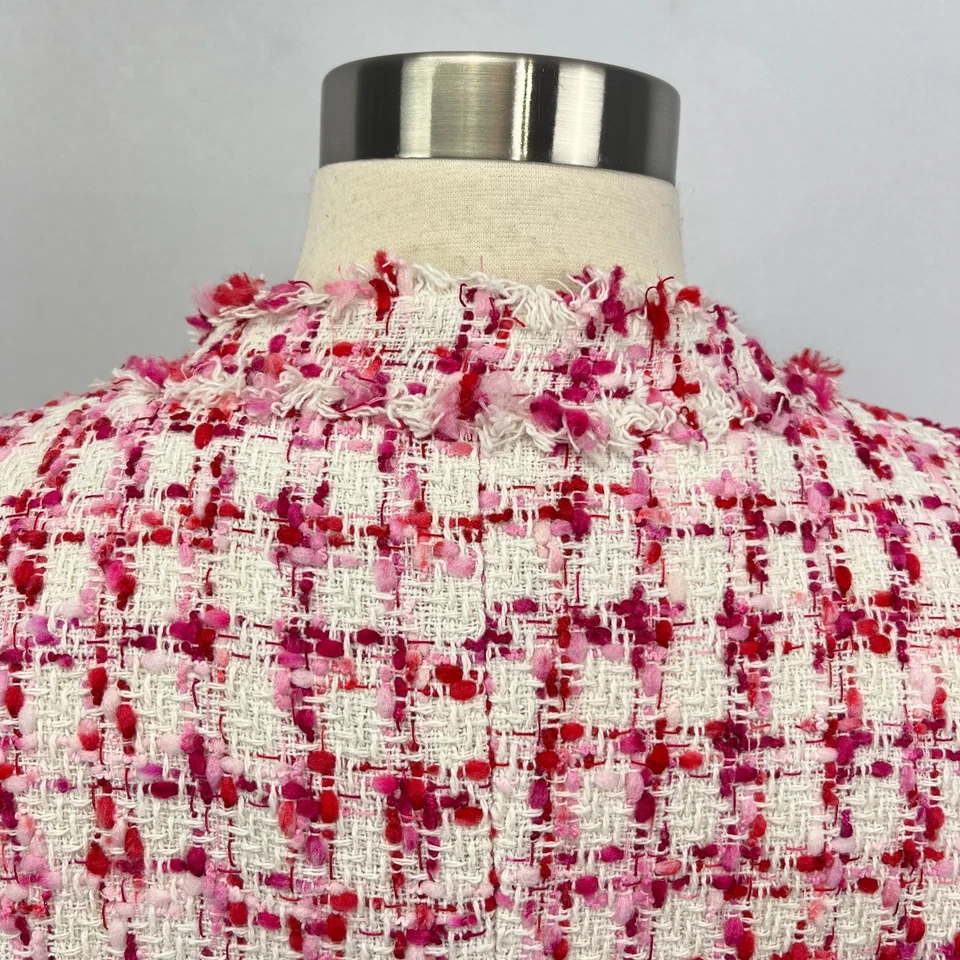 NUEVO CON ETIQUETAS Nanette Lepore Dalston Boucle Rosa Rojo Tweed Blazer Imitación Perla Chaqueta Talla 12 Foto 3 de 4