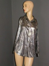 Vintage 80's liquid silver black PAISLEY button up shirt S M disco collared