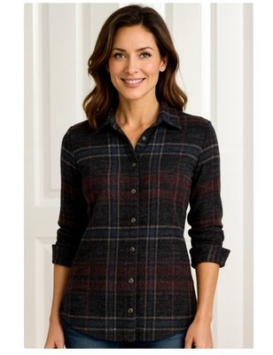 Pure Amici Blouse NWT Plaid Button Front Knit Top Roll Tab Sleeves Womens XS