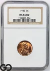 1940 Lincoln Cent Wheat Penny, Brilliant RED, MS 66 RD