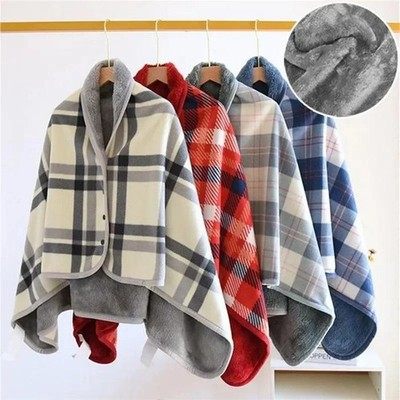 Thick Plaid Wearable Blanket Winter Warm Fleece Shawl Button Throw Adult