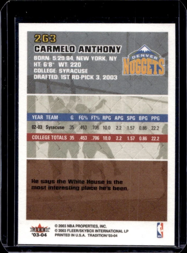 2003-04 Fleer Tradition Carmelo Anthony Rookie Rookie RC #263 Nuggets - Image 2 of 2