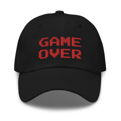 Game Over 8 Bit Embroidered Baseball Cap Red Thread 80's Classic Gaming Dad hat