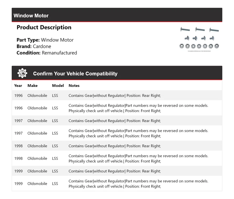 For 1996-1999 Oldsmobile LSS Window Motor Cardone 1997 1998 - Image 2 of 3
