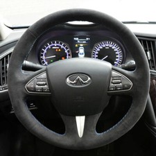 Black Suede Leather Steering Wheel Blue Stitching Wrap Cover For Infiniti Q50